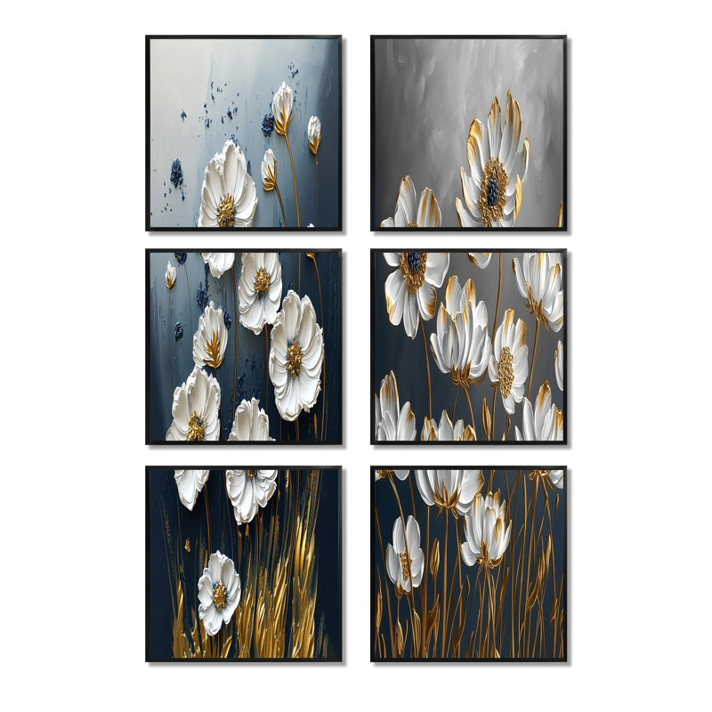 Bleuet sur fond blanc et doré - ensemble de 6 fleurs bleues, Impression encadrée sans passe-partout, Noir