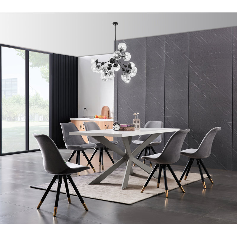 Gunesh 6 Person Dining set - a Rectangular Wooden Dining Table with Metal Legs and a Set of 6 Quilted Velvet Dining Chairs for Dining Room - Modern Dining Table Set