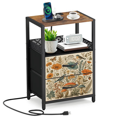 Table de chevet avec 2 tiroirs en tissu et station de charge Botanical Floral Birds