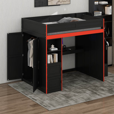 Gaming Loft Bed With LED Lights, Desk And Storage, Bookcase & Open Shelves