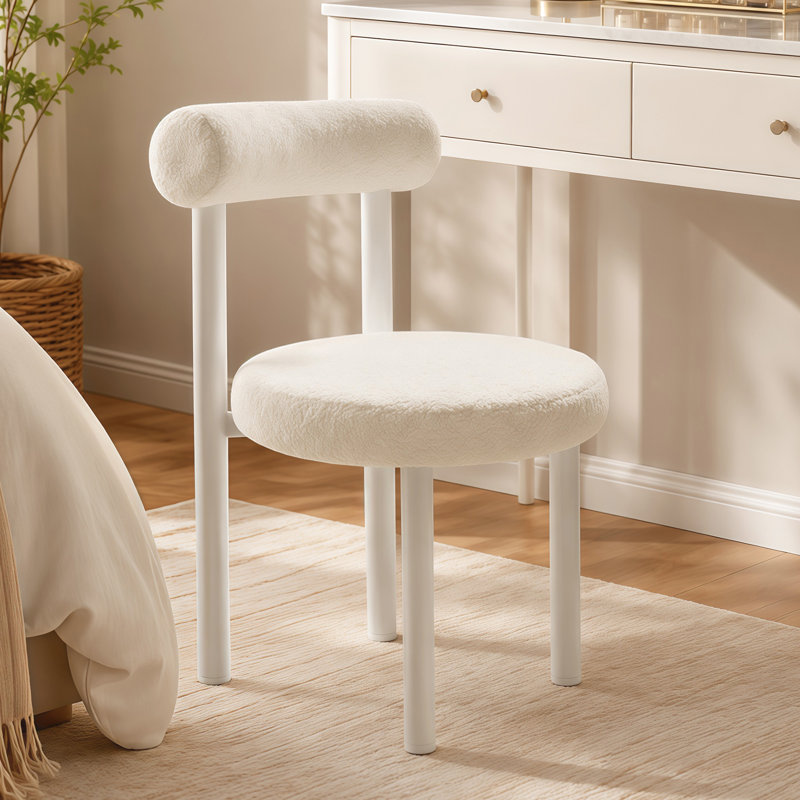 Petite chaise de coiffeuse sans accoudoirs en tissu Teddy avec soutien lombaire pour le maquillage dans la chambre, blanche