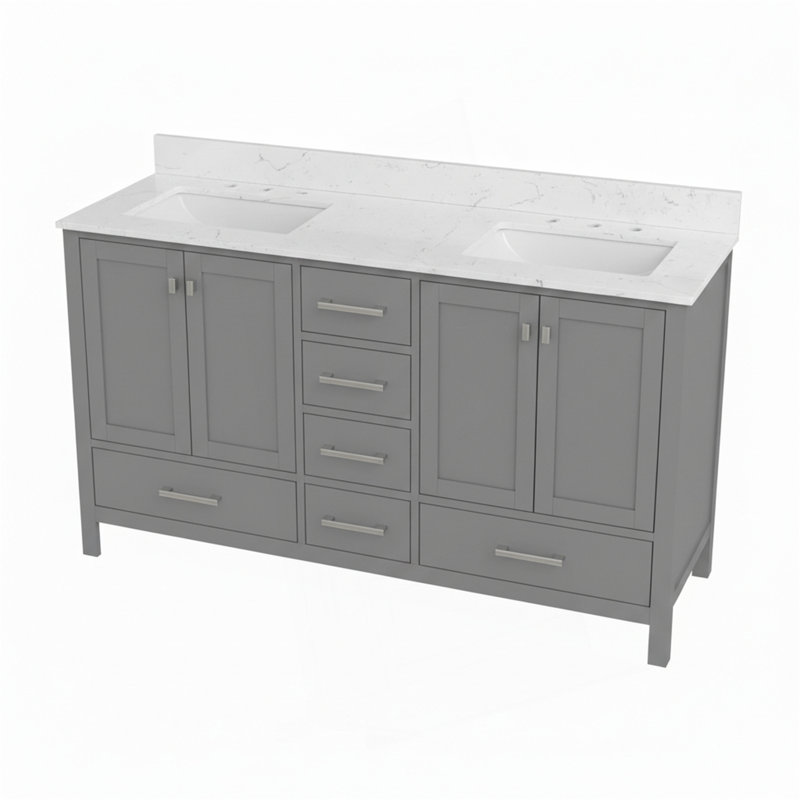 Meuble-lavabo 60 po, meuble-lavabo avec cadre en bois massif, comptoir autoportant avec 2 cuves, Gris, 60"