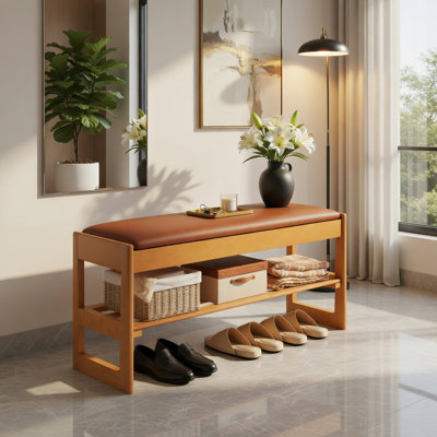 Banc à chaussures à 2 niveaux avec rangement rabattable - Banc d'entrée en bois d'hévéa, siège rembourré et compartiment caché, brun / beige naturel