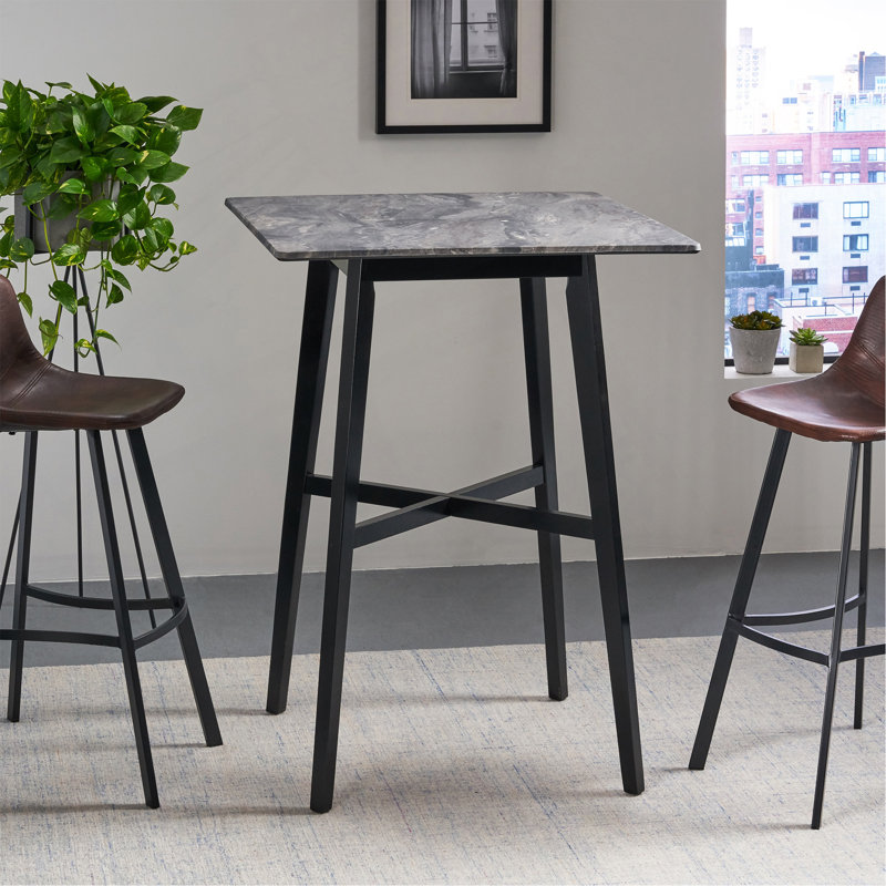 Table de salle à manger à hauteur de bar moderne 42 po, pieds en bois d'hévéa et plateau en stratifié, finition marbre Paladina, noir