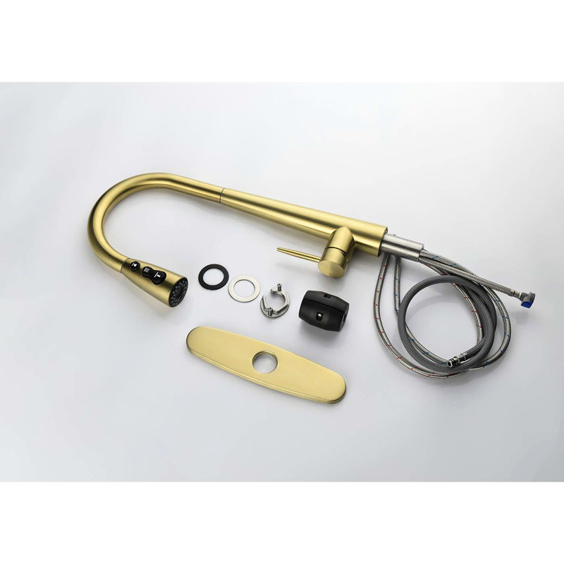 Brushed Gold, Single Handle, Kitchen Sink Faucet, Pull Down , Stainless Steel Build, 360 Rotating Nozzle, Three Water Output Choices, Bubble - Rich Aerators, Rust Finish Steel, Options, Treatment,