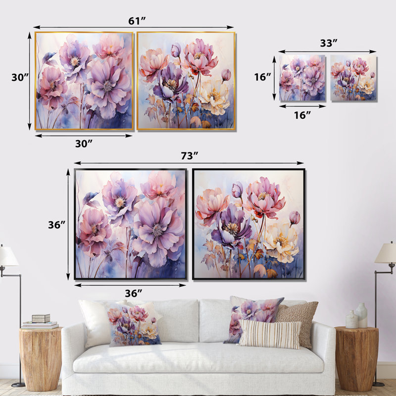 Fleurs sauvages roses fantaisistes - ensemble de 2 collages carrés botaniques abstraits, Cadre flottant noir