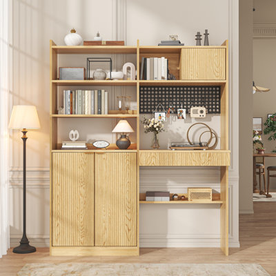  70.87" Tall Bookshelf With Door & Drawer, 6 Tier Wooden Bookcase With Led Light & Power Outlets, Large Wide Book Shelf With Storage Cabinet, Floor Standing Display Shelf For Living Room