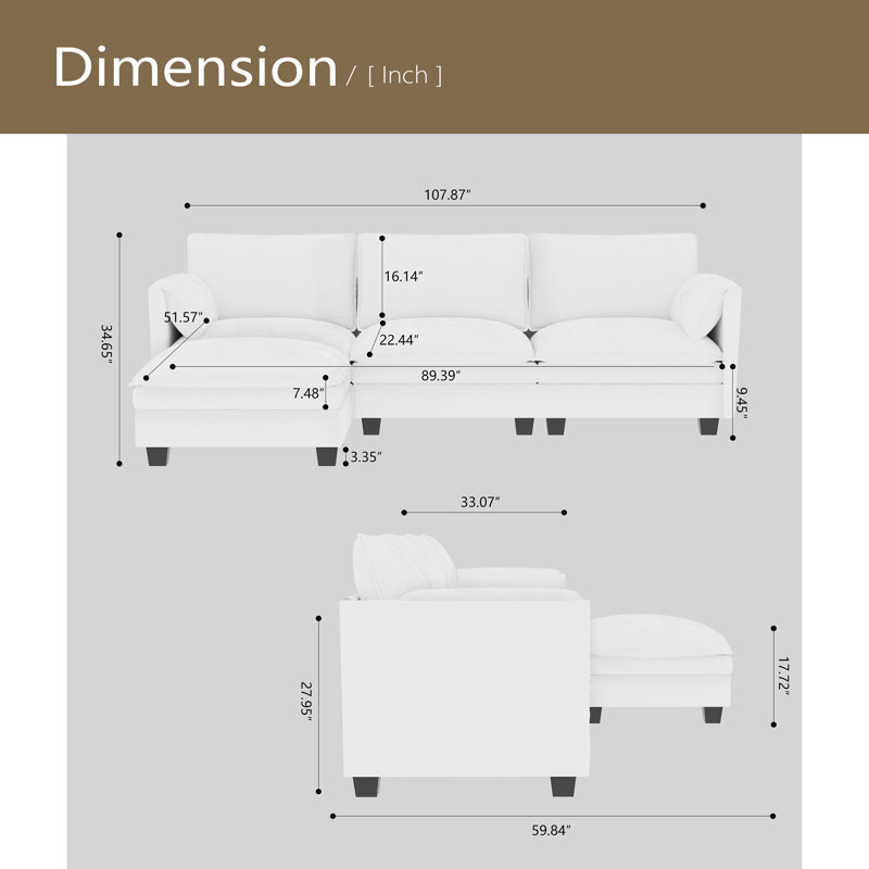 Canapé de grande taille à 3 places de 107,8 po, canapés en forme de L avec repose-pieds mobile, accoudoirs avec poches, fauteuils en tissu modernes pour le salon