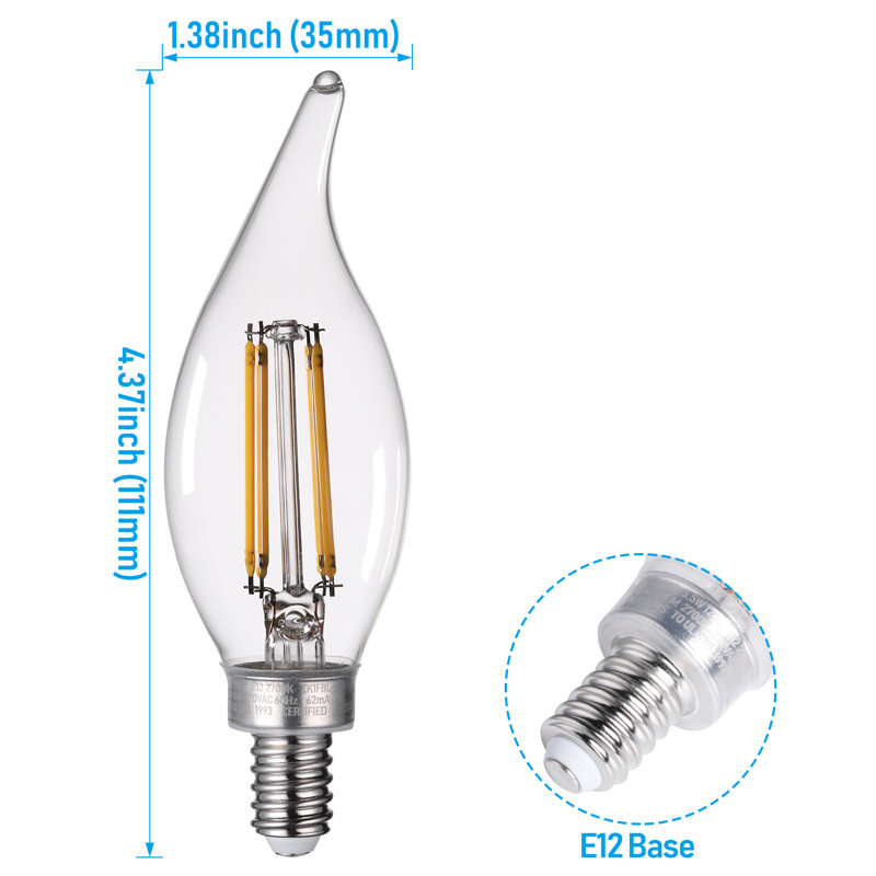 Ampoule DEL candélabre 5,5 W (équivalent 60 W), ampoule DEL dimmable pour lustre, verre transparent 2700 K, 500 lm, ampoule à filament effet flamme, culot E12