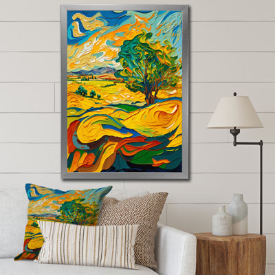 Peinture tourbillonnante d'un arbre vibrant dans une campagne sur toile