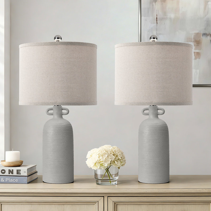 Ensemble de lampes de table en céramique à intensité variable H 24 po avec abat-jour cylindrique en lin Anazagene, Gris