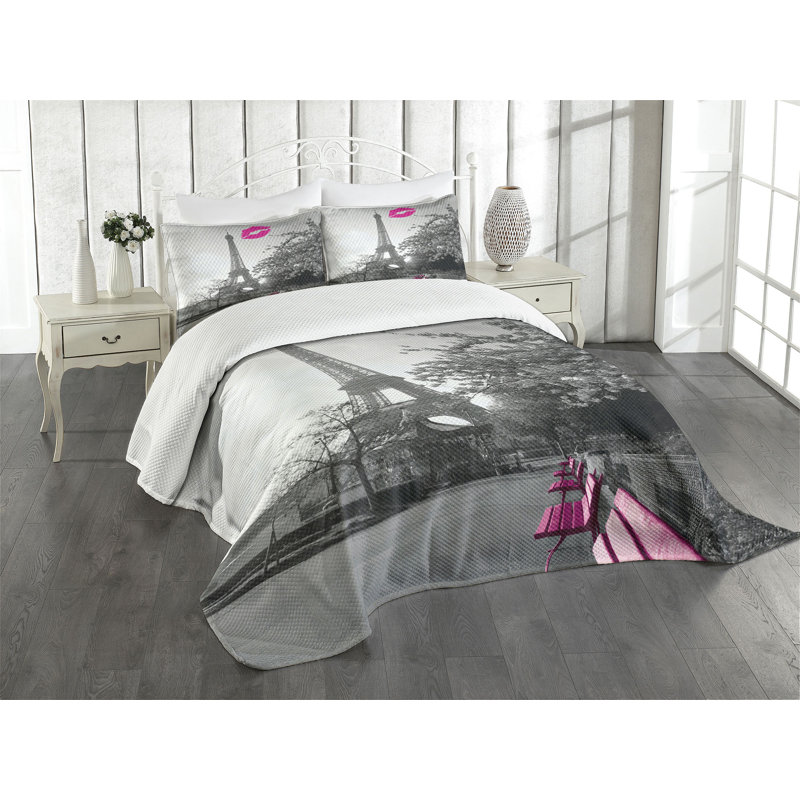 Paris Themed White Polyester Queen Bedspread Set