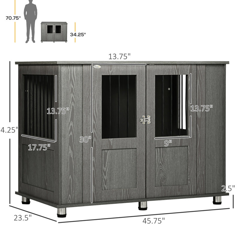 Grande cage pour chien, style table de bout en bois, gris, portes magnétiques verrouillables, cage pour animaux de compagnie de moins de 77 lb, conception, portes pour chiens