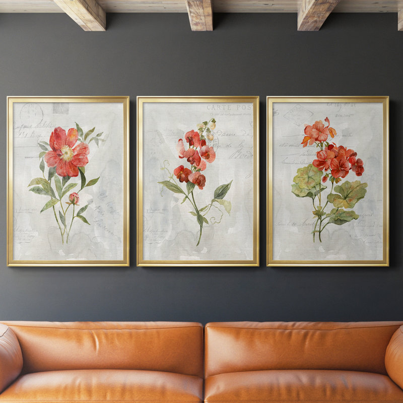 Lin géranium - ensemble de 3 peintures sur toile encadrées, H 26,5 po x l 109,5 po x P 1,5 po, Toile avec cadre or