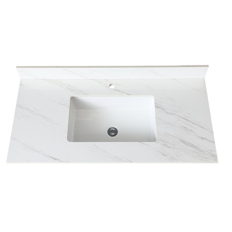 Dessus de meuble-lavabo blanc 43 po - Pierre frittée avec évier rectangulaire central et dosseret de 4 po avec trous pré-percés de 4 po et hauteur de robinet de 4 po