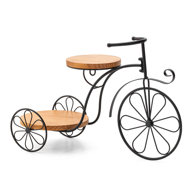 Support à tricycle en métal 24 po avec plateau en bois massif naturel, Noir/naturel
