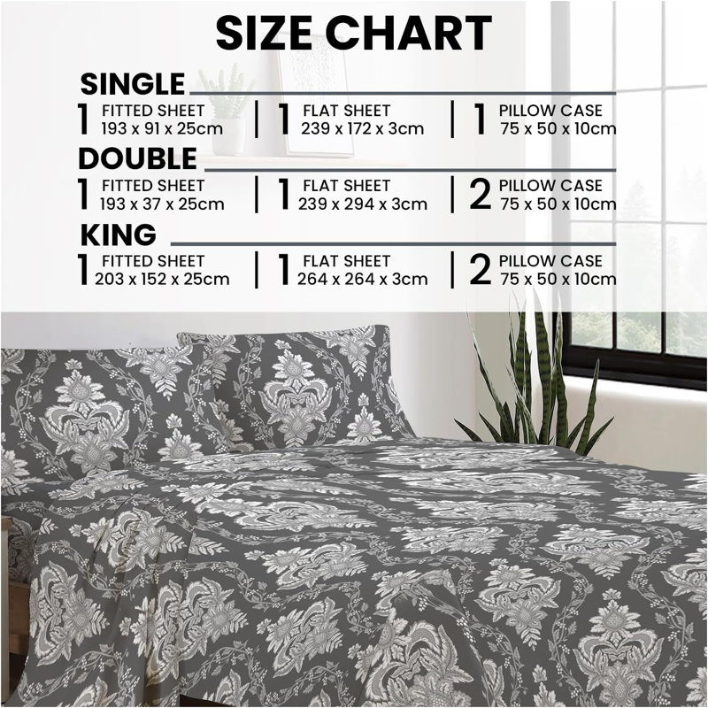 100% Cotton Standard Sheet Set, Double (239 x 294cm), Damask, Grey