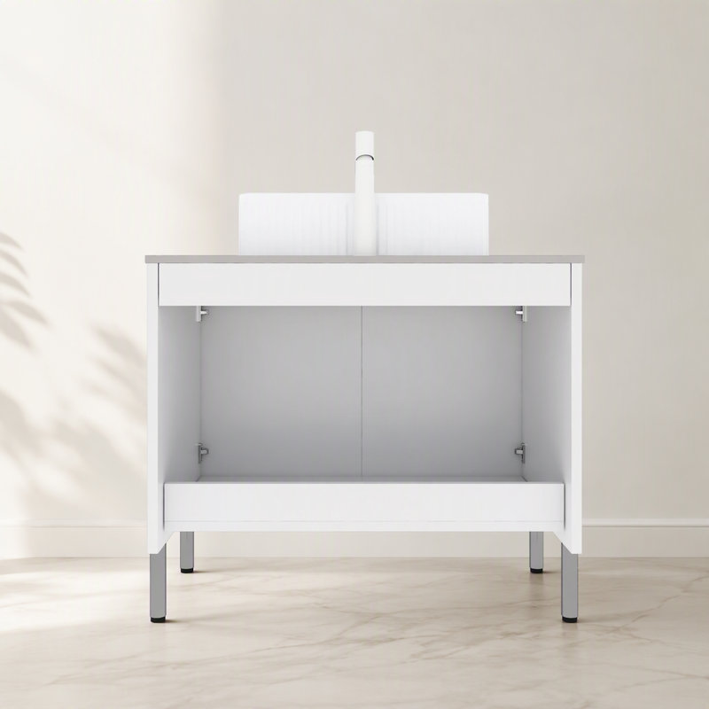 Ensemble de meuble-lavabo autoportant avec lavabo autoportant avec 2 portes, lavabo rectangulaire en céramique blanc et comptoir en marbre artificiel blanc Carrara