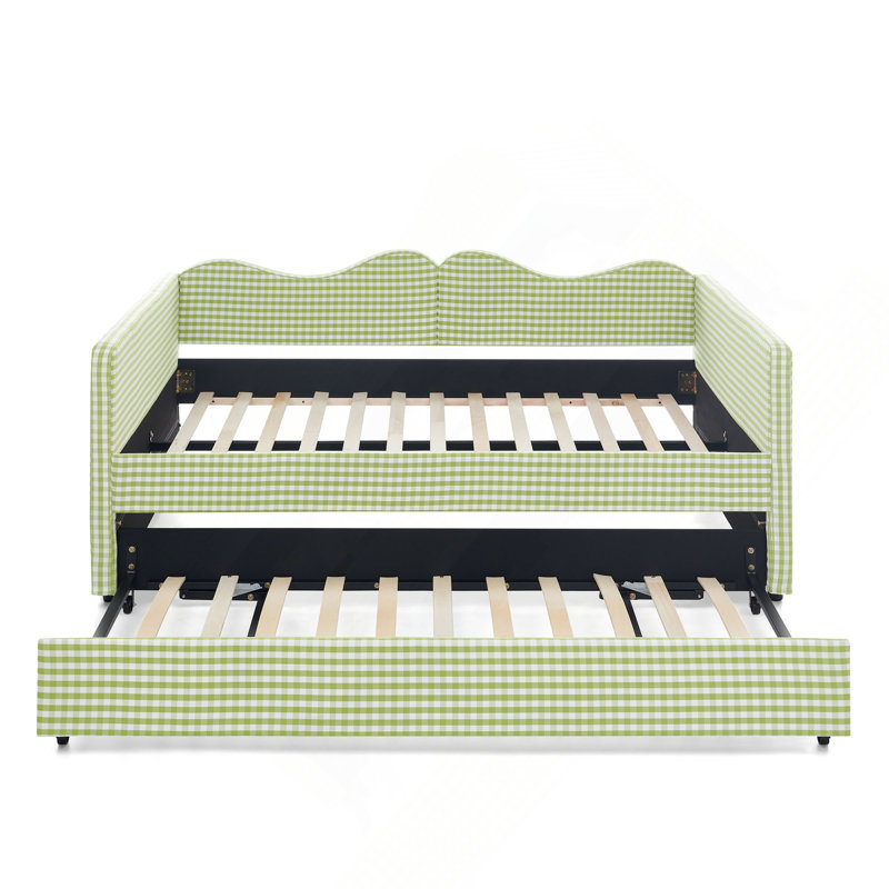 Lit de jour double, lit de jour rembourré en vichy équipé d'un cadre gigogne escamotable et d'une poche de rangement latérale, canapé-lit multifonctionnel en bois massif pour chambre d'enfant et chambre d'amis