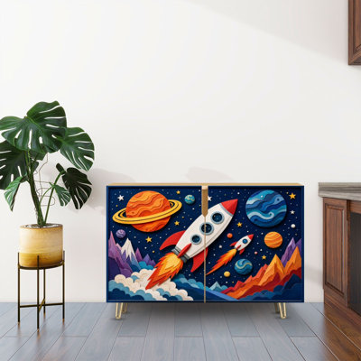 Buffet Buffet avec rangement Scène de l'espace colorée Rockets Planets Style découpé en papier avec 2 portes pour le salon et la cuisine