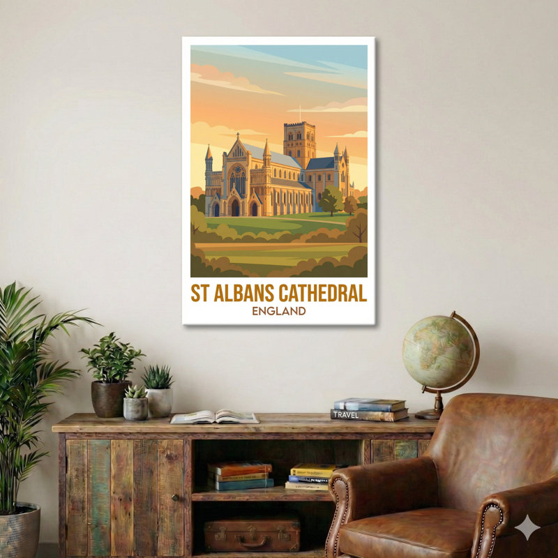 St Albans Cathedral, England - Romantic Travel Poster In Golden Light. Giclee Print On Wrapped Canvas. Wall Art, Home Decor - Religious & Cultural Sites, England - Wrapped Canvas Print
