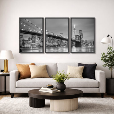Architecture Building "Manhattan Bridge In New York City Skyline Artwork, Modern Contemporary Black & White Photograph Wall Pictures, Framed Canvas Giclée Print 3 Pieces Wall Art" 16"x24"x3 pcs, 24"x36"x3 pcs