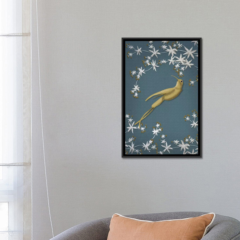 Golden Hummingbird II par Fab Funky - impression d'art graphique, H 26 po x l 18 po x 1,5 po, Toile avec cadre noir
