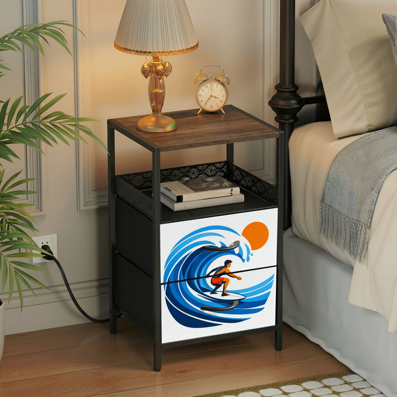 Table de chevet 2 tiroirs avec station de charge, table de chevet de chambre à coucher avec ports USB et prises USB