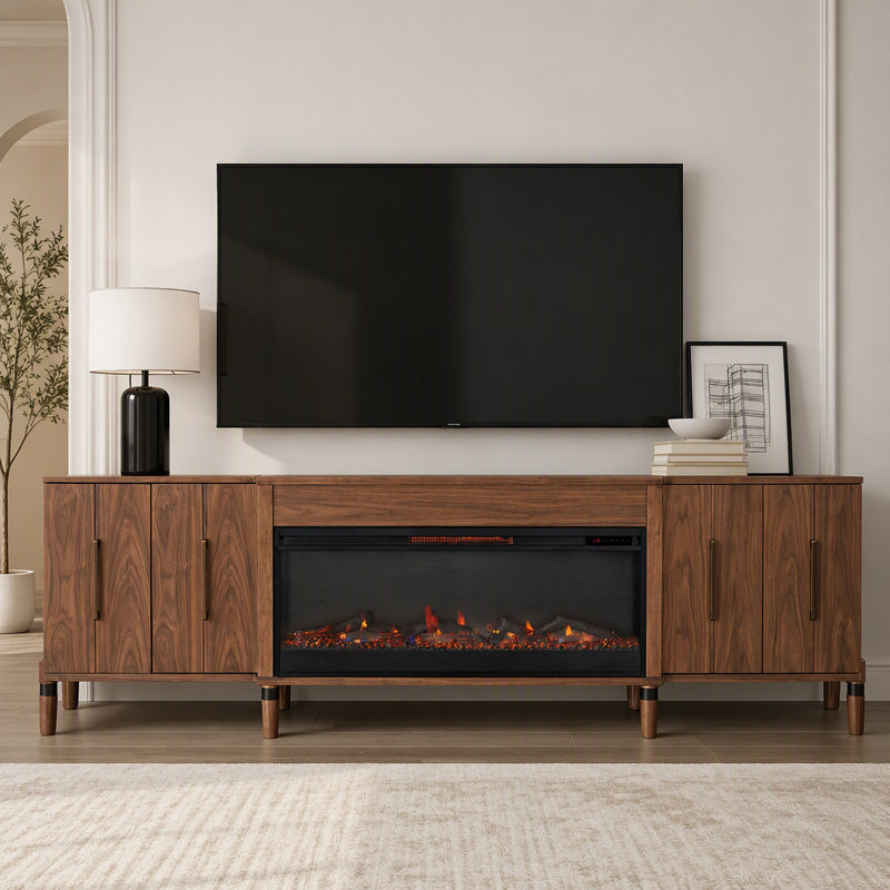 Meuble télé moderne avec foyer électrique, tiroirs de rangement et réglages de flamme ajustables pour grands téléviseurs.