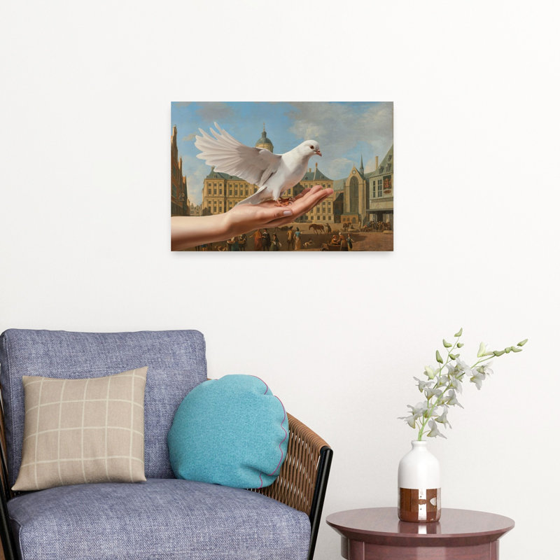 Affiche murale représentant un oiseau blanc, une colombe paisible et classique, sur la place de la ville., H 16 po x l 24 po