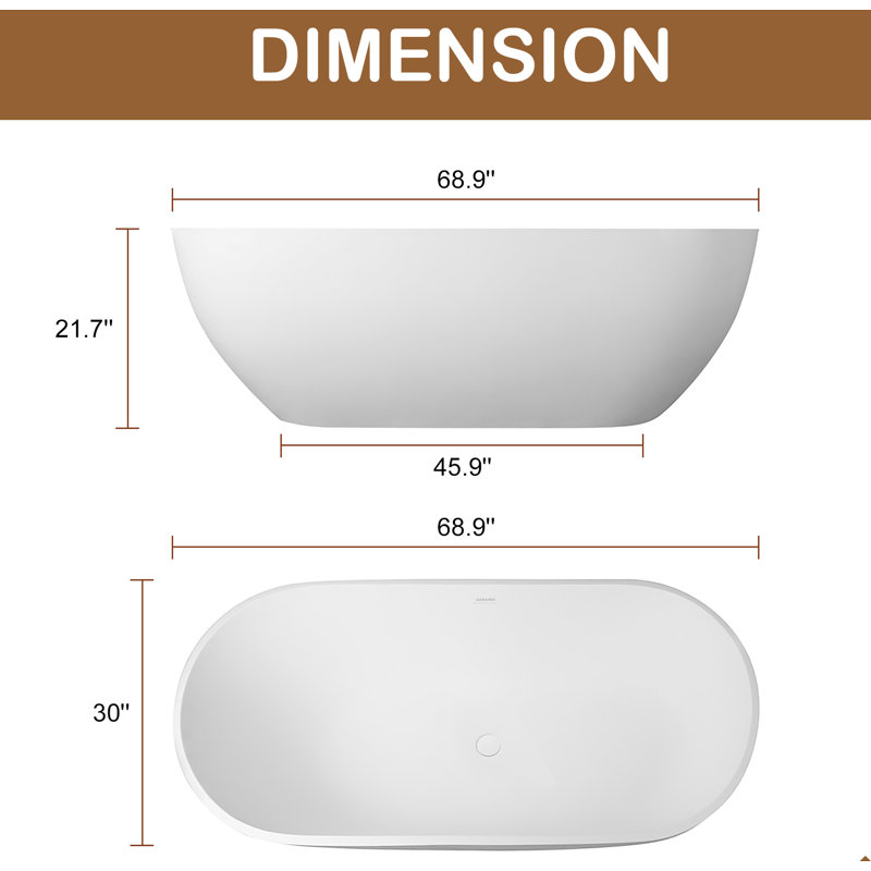 Tangent 69 inch Solid Surface Stone Freestanding Soaking Bathtub