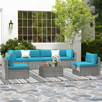 Ensemble de conversation modulaire en osier pour 6 personnes avec coussins Amarachi