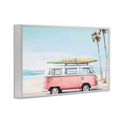 Pink Bus on Tropical Shores Framed Giclee Art, design by Arlington Prints