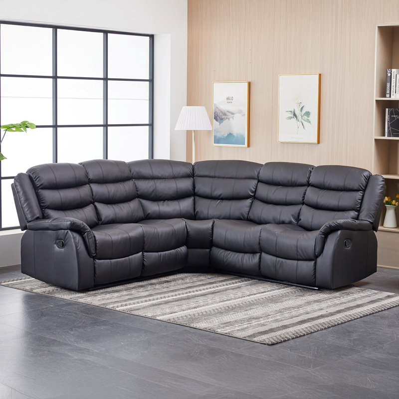 Lotus 6 Seater Faux Leather Reclining Corner Sofa , Black