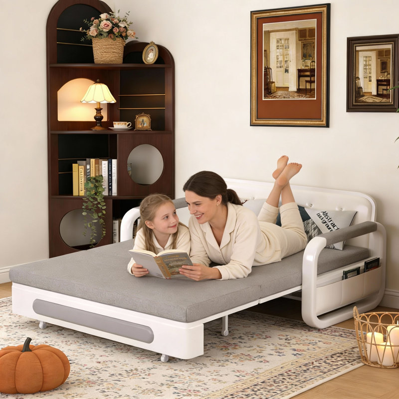 Convertible Sofa Bed with Storage, 2-in-1 Sleeper for Small Spaces, Grey Fabric & White Frame, Includes Latex Mattress (1.28m Sizes) Great for Living Rooms & Flats