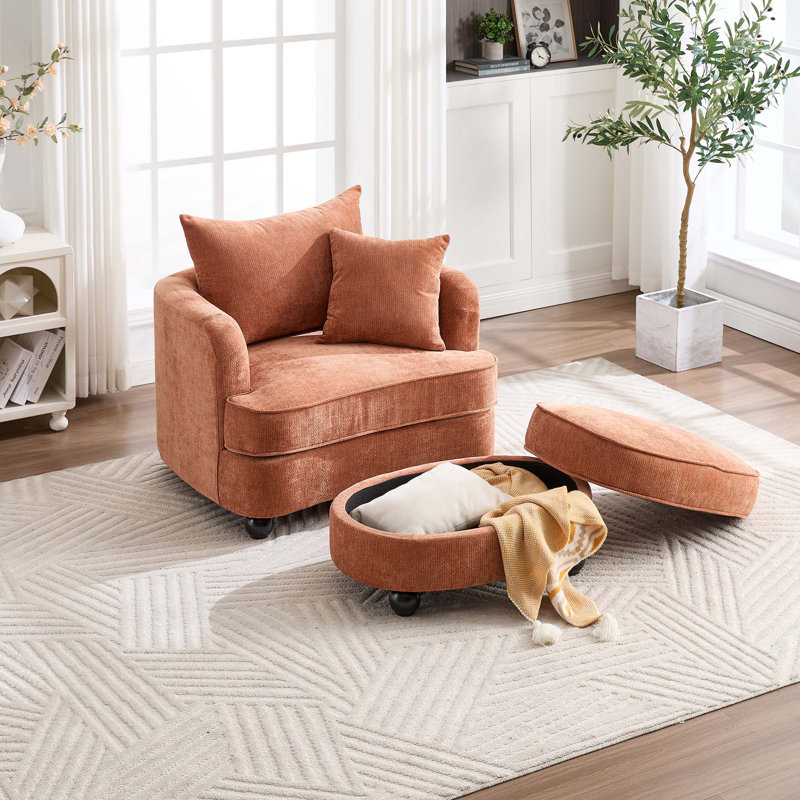 Fauteuil d'appoint 40,2 po en chenille moderne, fauteuil de lecture confortable avec repose-pieds avec rangement, Orange