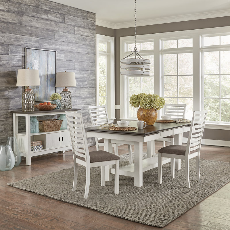 Luz Trestle Dining Table Set w/ 4 Upholstered Chairs, 5 Pieces: Table, 4 Chairs, Dark Brown/White