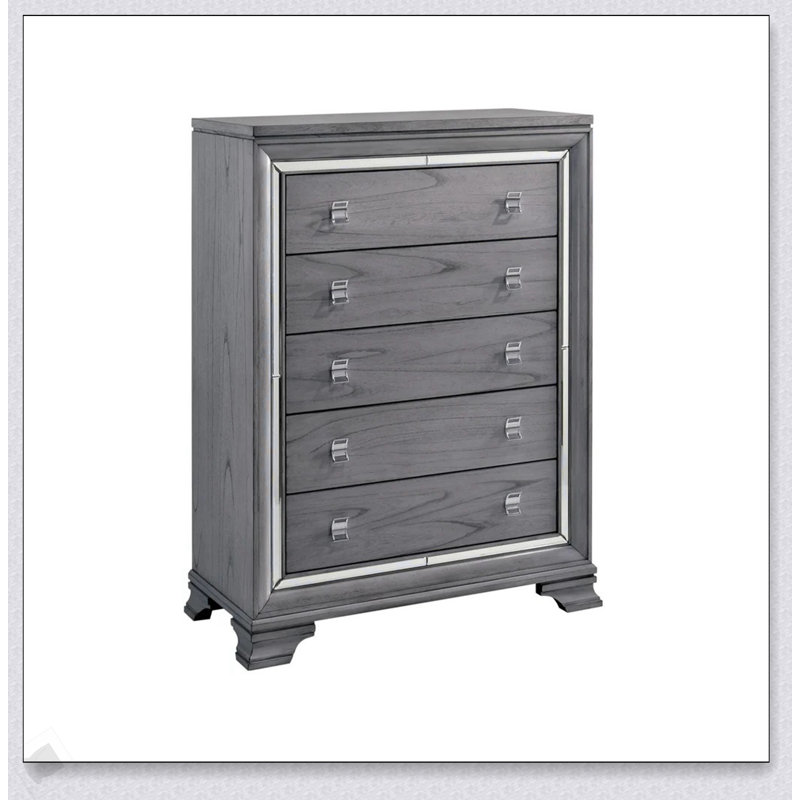 Commode 1 pièce de style contemporain avec cinq tiroirs à queue d'aronde anglaise, glissières à roulement à billes, garniture de miroir et finition gris clair