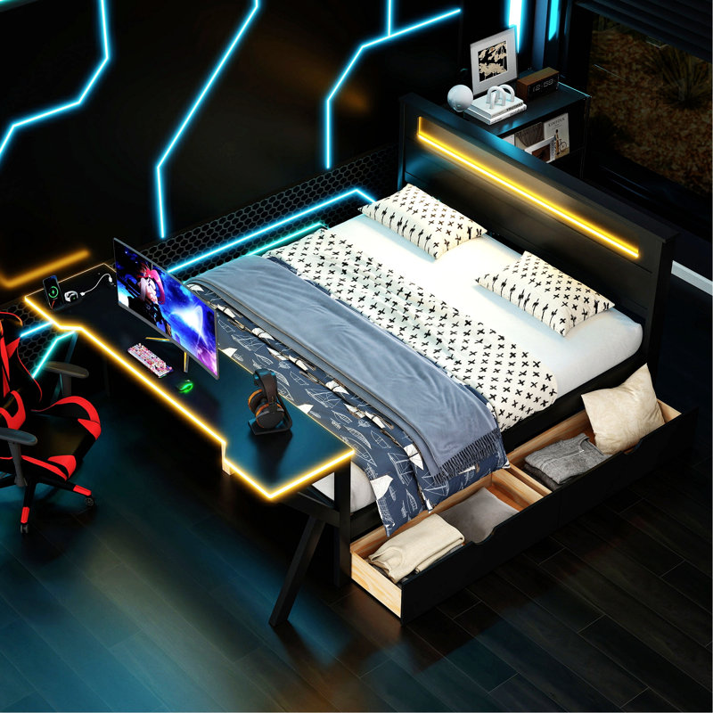 Lit plateforme en bois avec tête de lit à DEL, bureau à DEL, USB et deux tiroirs de rangement, Lit double