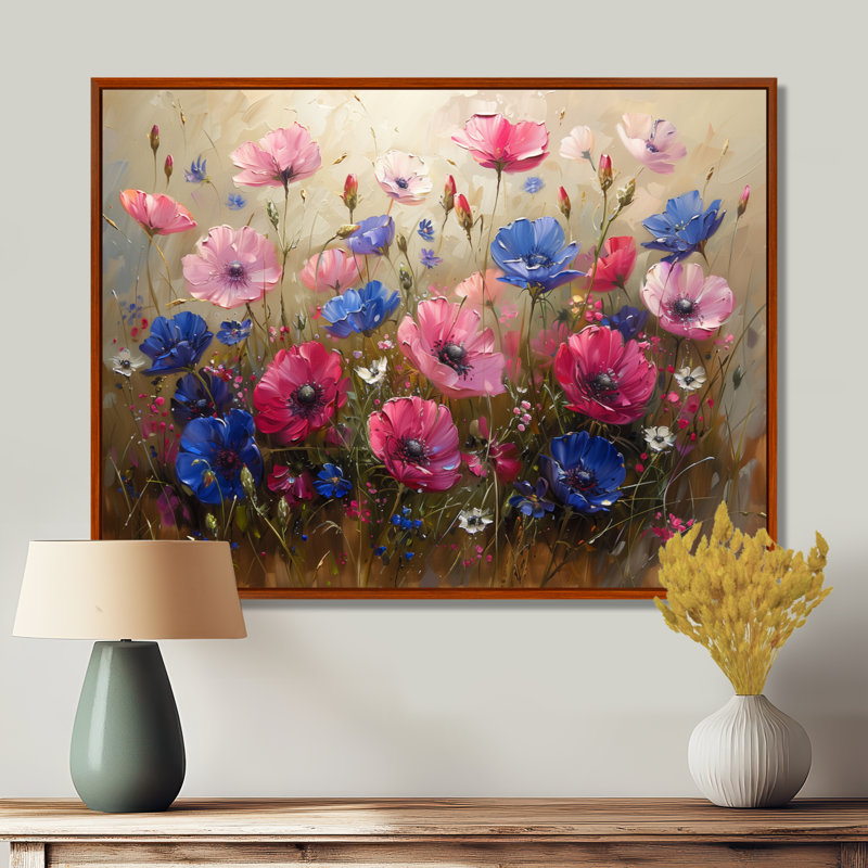 «Blue Blue Cornflowers Feminine Charm I» - impression d'art mural bleuets, Cadre flottant brun, H 16 po x l 32 po
