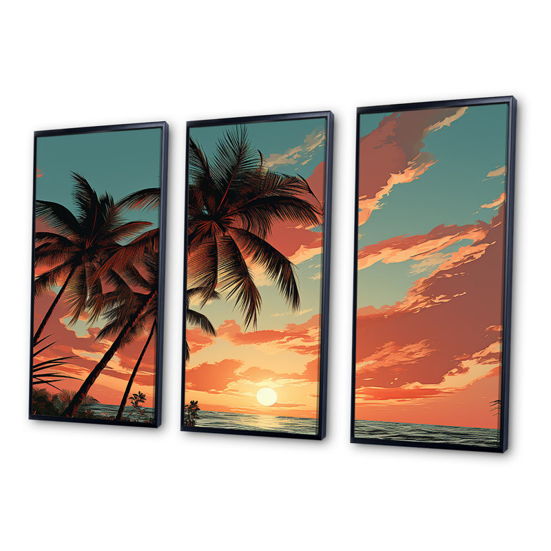 Palmier au coucher du soleil - ensemble d'art mural palmiers et palmiers, Cadre flottant noir, H 32 po x l 48 po x P 1 po