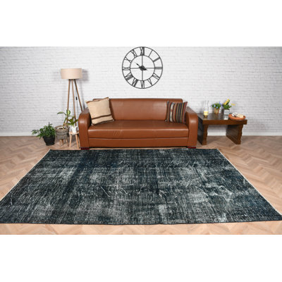 Tapis turc rétro bleu et noir pour salon avec décor bohémien moderne fait à la main en laine de taille 6 x 10 pi
