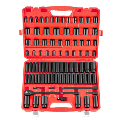 1/2 in Drive Impact Socket Set, 91 Piece, 6 Point Deep & Shallow Impact Sockets, SAE (5/16 to 1-1/4 in) and Metric (8 to 32 mm) Sizes with Extension Bars (3, 5, 10 in), Cr-V Steel, Carrying Case