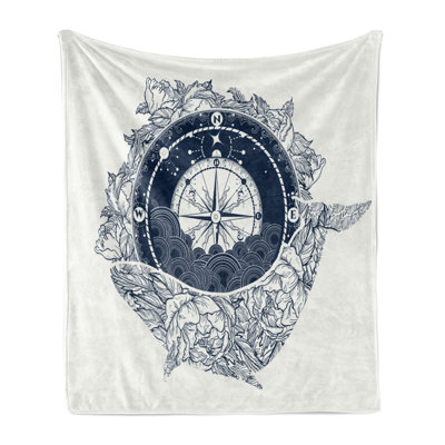 Ambesonne Adventure Fleece Throw Blanket Antique Sea Compass Dark Blue White