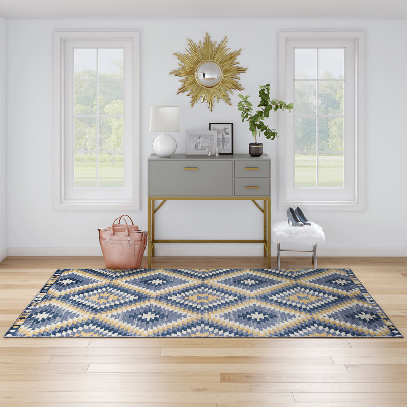 Tapis denim à motif tribal Kilim Heron Bodrum, Rectangle 8 pi 9 po x 12 pi, Bleu/Ivoire/Marine/Orange