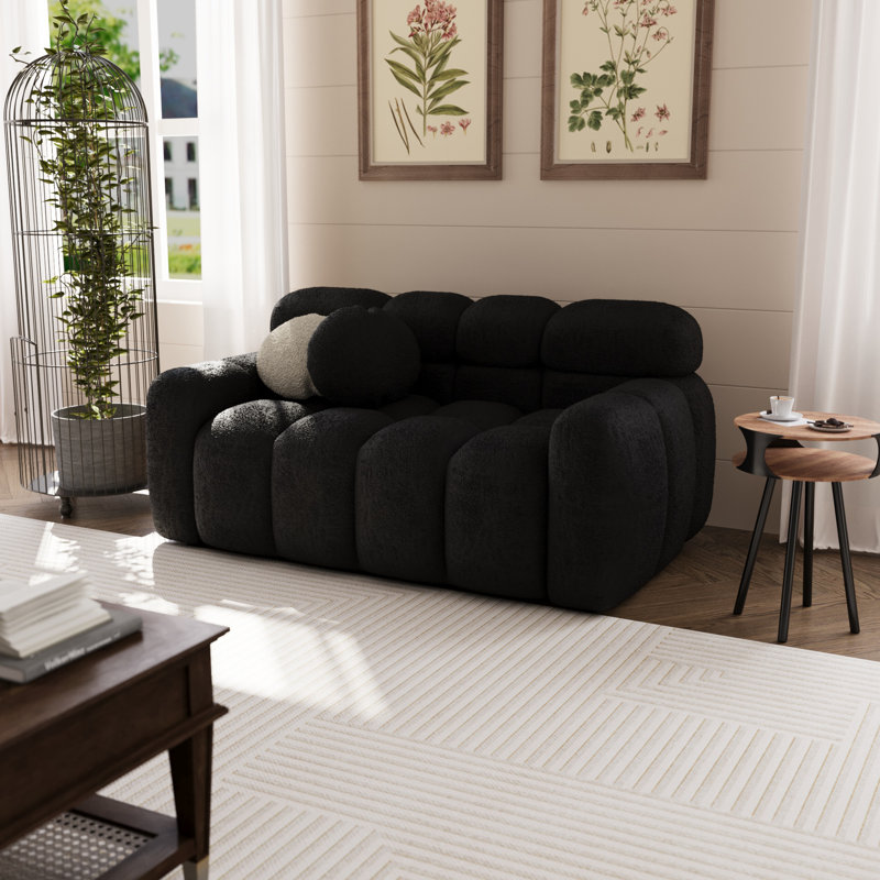 64.96In Teddy Fabric Tufted Upholstered Sofa, Black Boucle