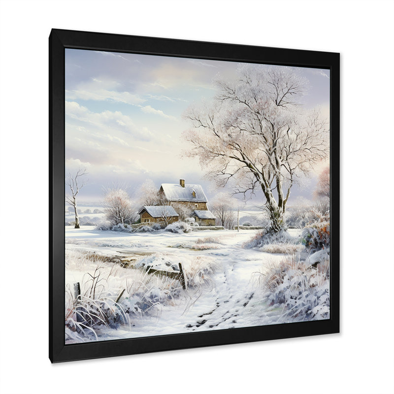 «Farmhouse Snow Winter Scenery» - art mural neige, H 30 po x l 30 po x P 1 po, Cadre simple noir