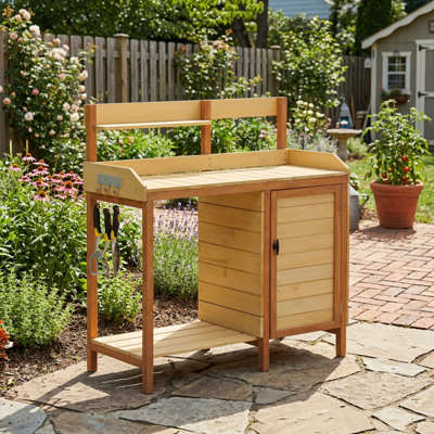 Outdoor Wooden Potting Bench Table with Sink, Sliding Tabletop Patio Potting Table with Storage Cabinet & Hooks, Garden Workstation for Lawn Backyard