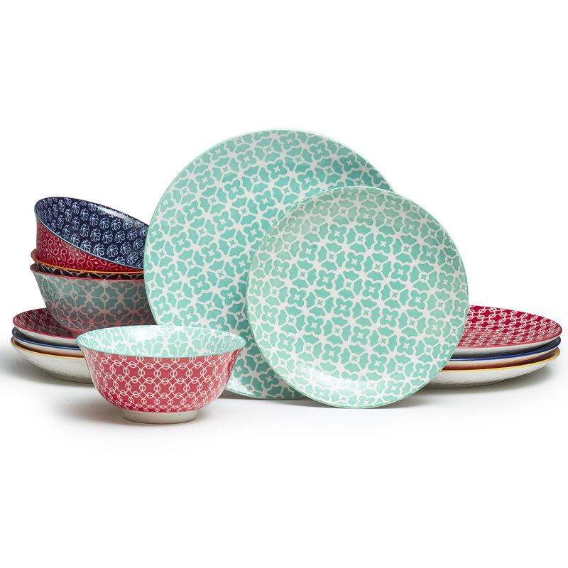 Ensemble d'assiettes et de bols en céramique, ensemble de vaisselle de 12 pièces pour les Fêtes, ensemble de vaisselle coloré pour 4