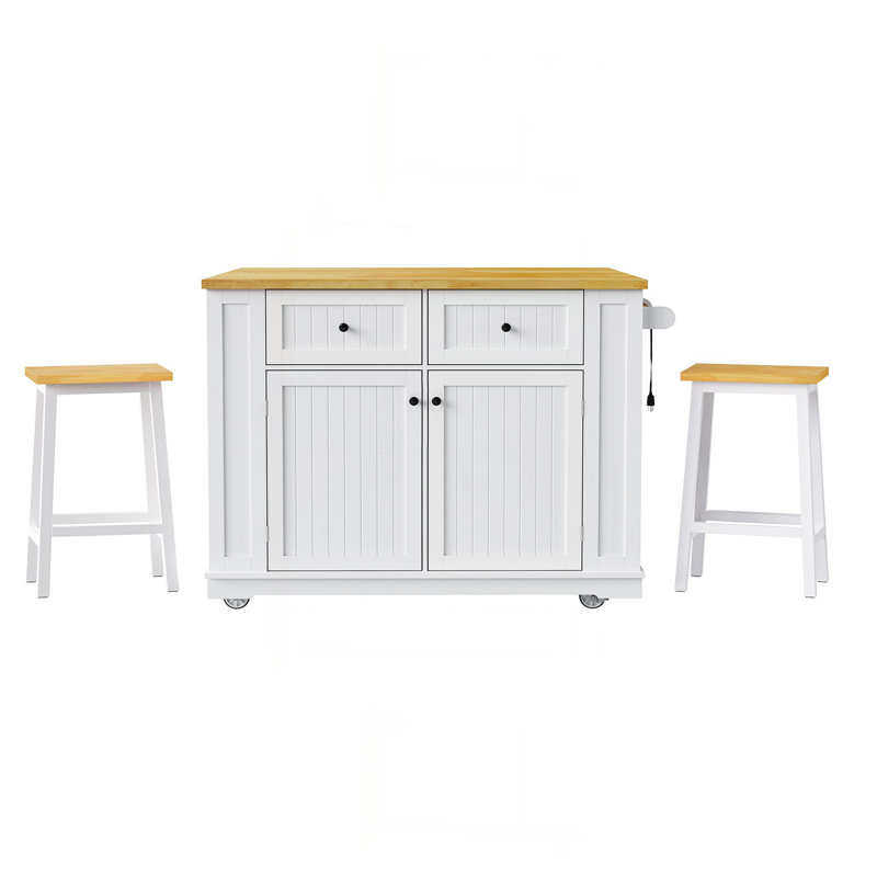 48Inch Large Kitchen Island With 2 Bar Stools, Power Outlet, Door Internal Storage Rack, Kitchen Storage Cart On 5 Wheels With Drop Leaf, 5 Open Side Racks, 2 Drawers,For Kitchen,Dining Room